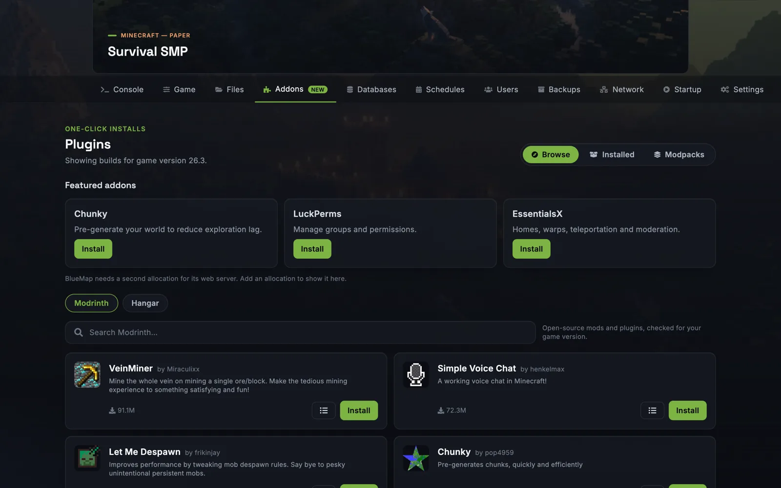 La página de complementos del panel de juegos con mods, plugins y modpacks para instalar con un clic