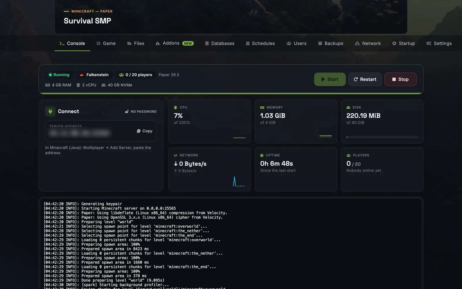 El panel de juegos de Hostwolf con un servidor en funcionamiento, uso de recursos y una consola en vivo