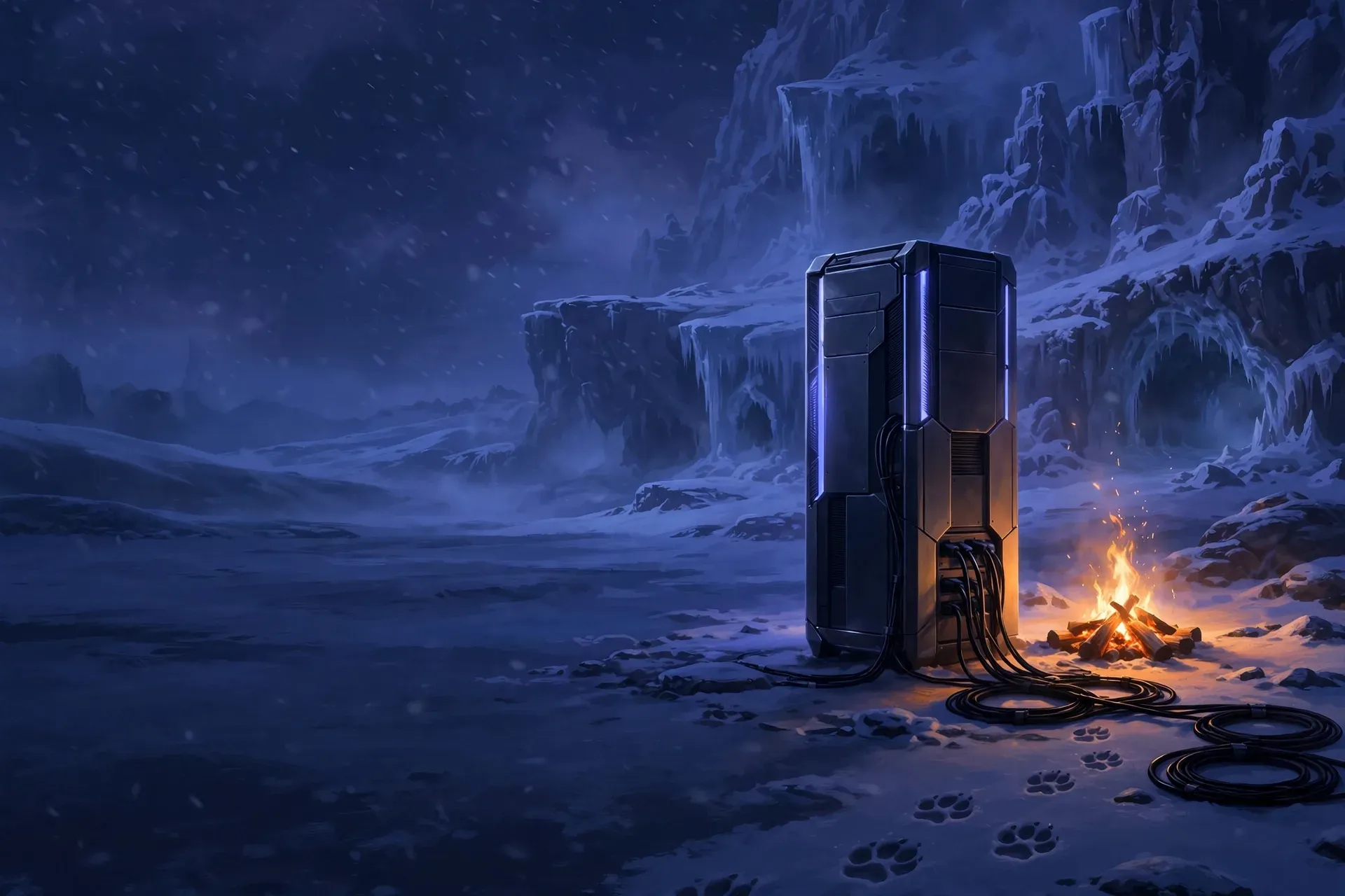 Ein Server-Turm mit schwach leuchtenden Innenteilen auf einer schneebedeckten Hochebene neben einem warmen orangefarbenen Lagerfeuer, kühles blau-violettes Licht auf den eisigen Felswänden dahinter