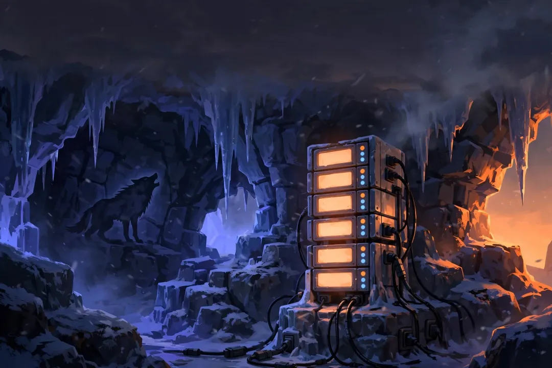 Illustration stylisée d’un rack de serveur orange lumineux se tenant dans une grotte de glace enneigée au crépuscule, avec la silhouette d’un loup gravée dans le mur rocheux glacé.